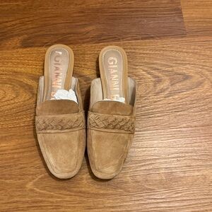 Gianni Bini Camel Suede Braided Backless Loafers